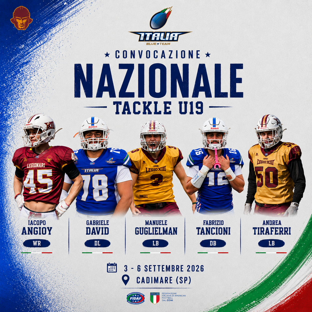 Cinque Legionari Roma convocati con la Nazionale Tackle Under 19
