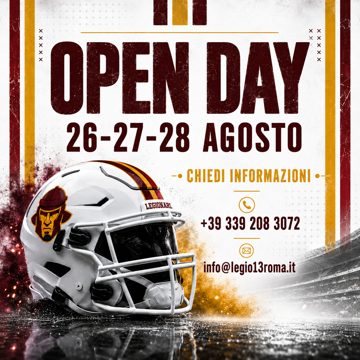 Open Day Legionari Roma: dal 26 al 28 agosto vieni a provare Football Americano e Flag Football